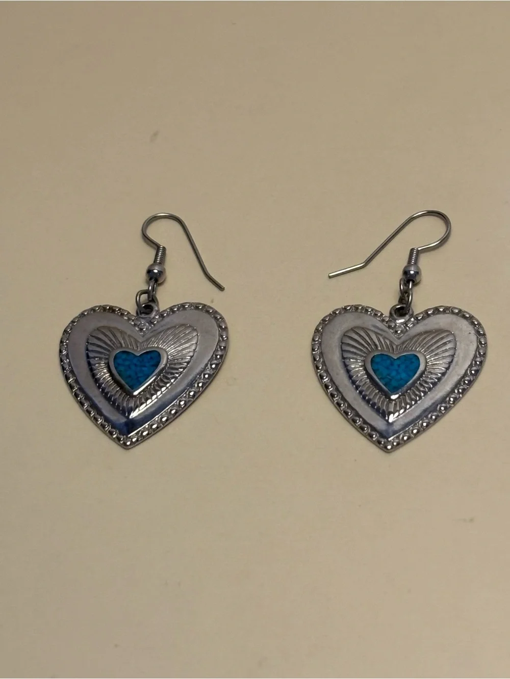 Silver Heart Dangle Earrings with Blue Accent 1-1/8”
